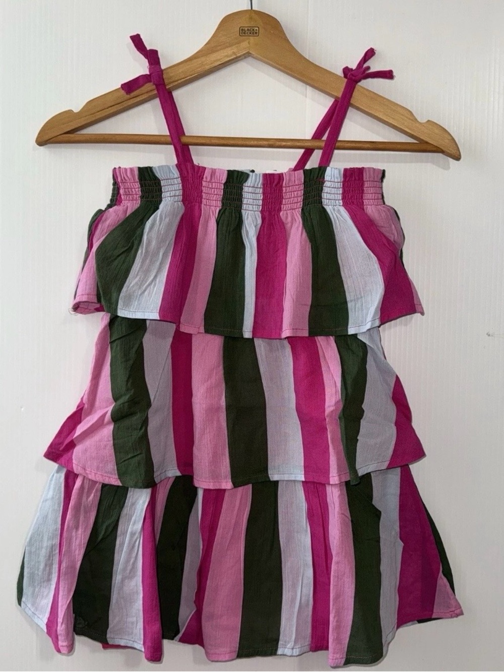 Girls Pink & Green Striped Tiered Sundress with Bloomers